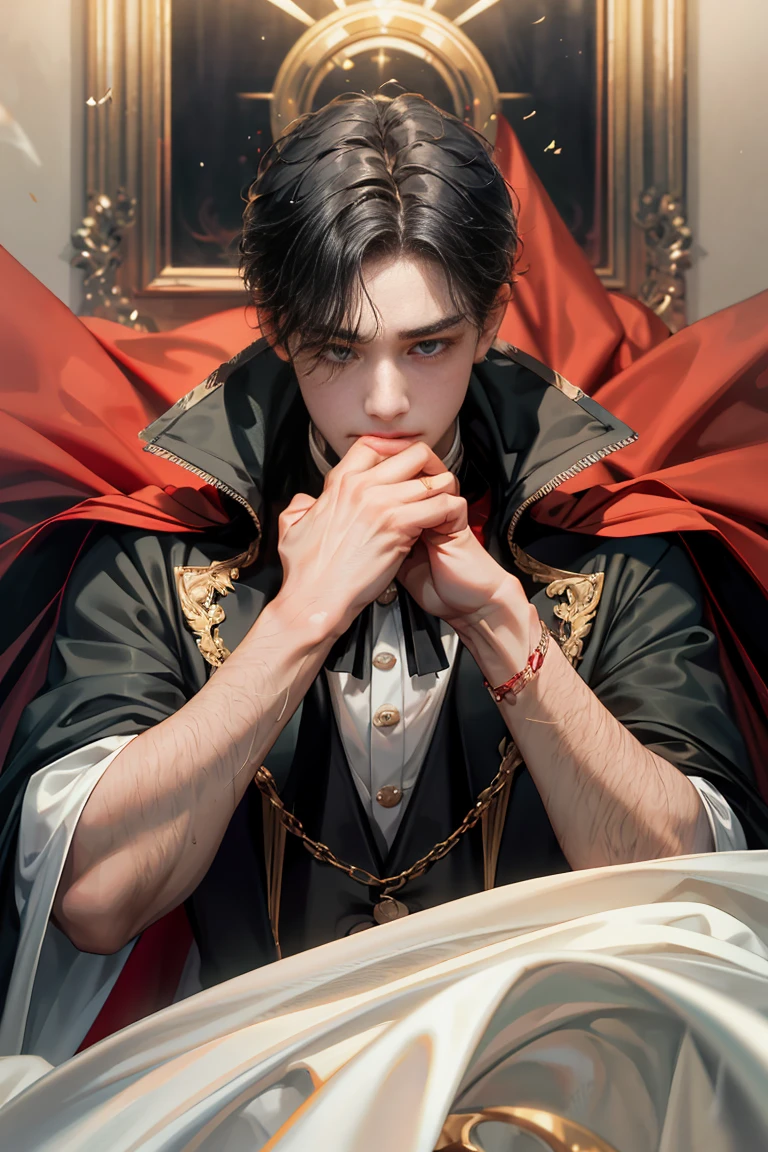 masterpiece, 最high quality, high quality, 1 boy, alone, male focus, looking at the viewer, whole body, Winning spirit_destiny, dirty black hair, blue adorable big eyes, white people, Noble, Noble, Noble的な吸血鬼、Classy tuxedo,A very large and long red and black cloak with a large collar, 30 years old,cute beautiful boy,cute cute crying face