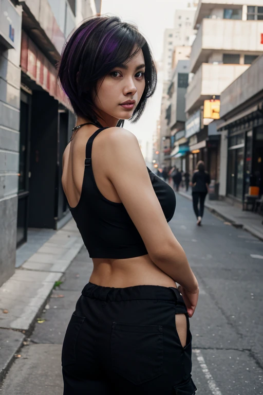 Full body, standing, behind shoot, (RAW photo, highest quality), (realistic, photorealistic) Fei Liang 25 year old Asian girl, beautilul and very detailed face, thin and sexy body, punk haircut, short hair, hair above the shoulder, loose hair. black hair with a purple streak, from behind, looking at the camera,wearing a tight cargo pants in black and opaque synthetic fabric, short sleeveless blouse color blue (shows navel), cyberpunk style Asian city, daylight and tall buildings