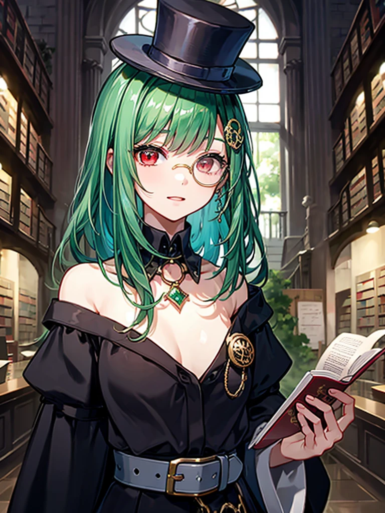 (((masterpiece、Highest image quality、highest quality、highly detailed unity 8kwallpaper)))、((Illustration of one girl、upper body))、(((beautiful girl)))、(librarian)、(Emerald green hair、messy hair、sidelocks:1.2、red eyes、crazy smile)、(((flat chest)))、(((monocle)))、pocket watch、(((Black top hat、Black tuxedo、belt)))、great medieval library、Large amount of books