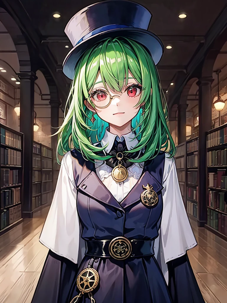 (((masterpiece、Highest image quality、highest quality、highly detailed unity 8kwallpaper)))、((Illustration of one girl、upper body))、(((beautiful girl)))、(librarian)、(Emerald green hair、messy hair、sidelocks:1.2、red eyes、crazy smile)、(((flat chest)))、(((monocle)))、pocket watch、(((Black top hat、Black tuxedo、belt)))、great medieval library、Large amount of books