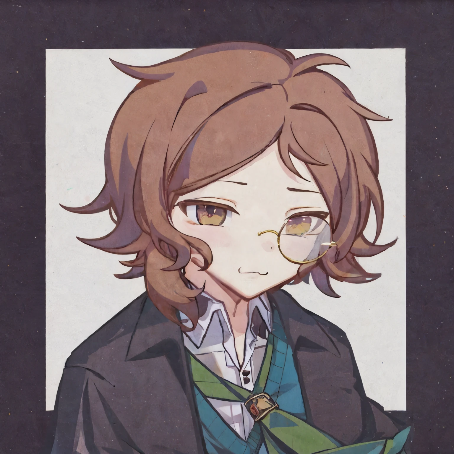 wearing a monocle, tie, [[[[smile]]]], brown hair, 写实风格portrait, Sayori, portrait, Brown pupils