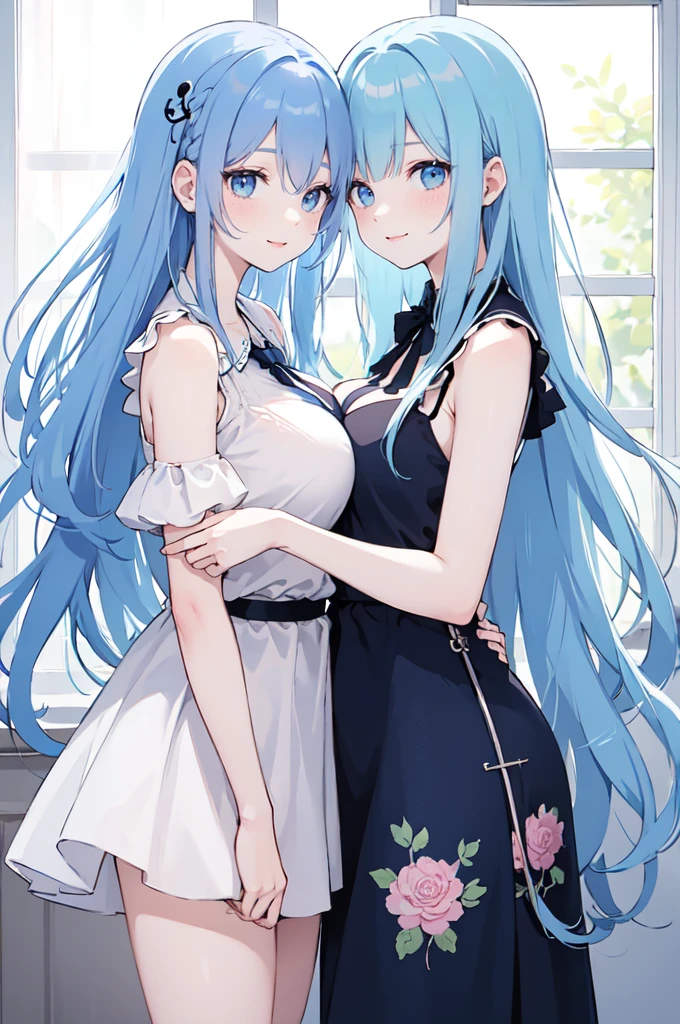 (masterpiece), (best quality), (ultra detailed),(dishevelled hair),(illustration), ((twins sisters, blue hair)(2woman)), long hair, standing, Fashion model ( modern clothes), looking at viewer, (interview), (casual background),beautiful blue eyes, delicate beautiful face, ,(high saturation),(colorful splashes),(shining), blue hair (shining), bangs, best lighting, best shadow. smiling. big breast.  (sister love)