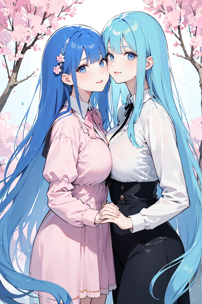 (masterpiece), (best quality), (ultra detailed),(dishevelled hair),(illustration), ((twins sisters, blue hair)(2woman)), long hair, standing, Fashion model ( modern clothes), looking at viewer, (interview), (casual background),beautiful blue eyes, delicate beautiful face, ,(high saturation),(colorful splashes),(shining), blue hair (shining), bangs, best lighting, best shadow. smiling. big breast.  (sister love)