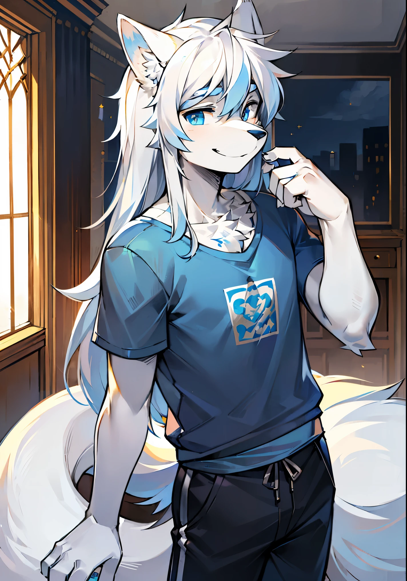 The character focuses on solo., Bright eyes, big tail, male gray-white fur;, fluffy, Long-haired male dog, casual outfit, Side head, smile, blue eyes, teenager, One meter seven, handsome, young style, Wear a blue and white T-shirt.