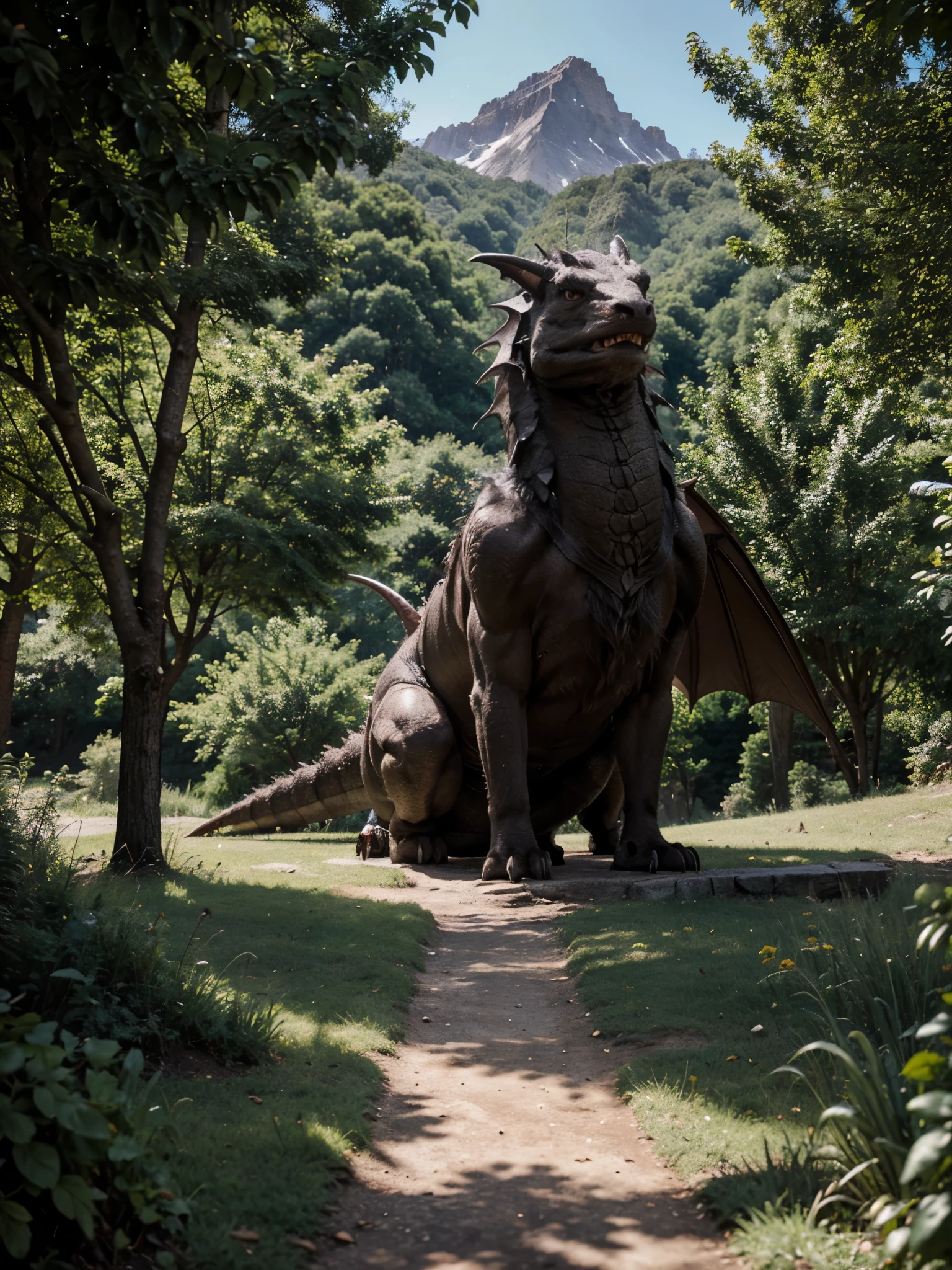 Fluffy Dragon, Cute Dragon, very angry,4k, mountain and many trees, as detailed as possible, Middle Ages