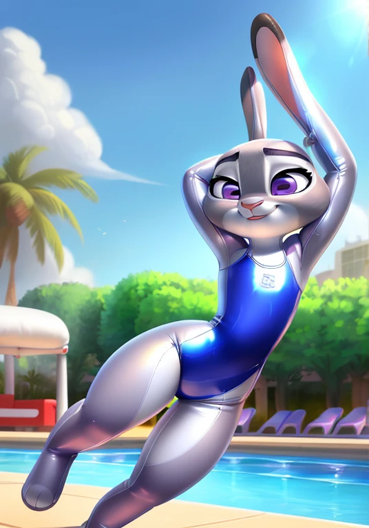 ((living inflatable))), (((inflatable skin))), ((humanoid inflatable judy hopps inflatable made out of inflatable shiny plastic in style of zootopia)), swimming in a pool, swimsuit, sunny day, happy