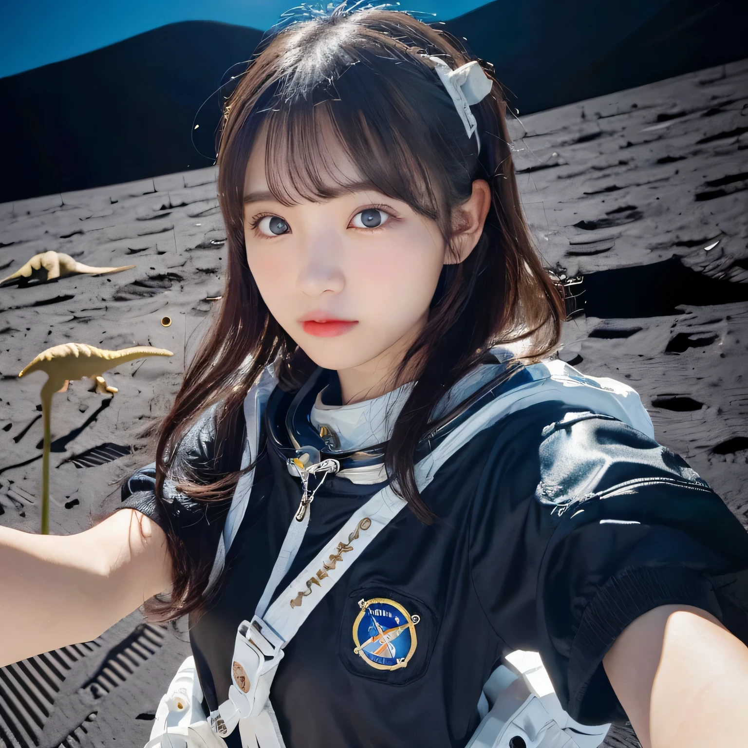 (Girl taking selfie on the moon:1.5) ,(landing on the moon:1.2),( Dinosaurs in the distance:1.5),original photography,(ultimate beauty portrait、dry skin 、top quality、Super detailed、movie light、intricate details、high resolution、Very detailed、1 girl、huge breasts,cold expression、brown hair、Big eyes sparkling like gems、Harajuku、24 year old beautiful girl),space suit
