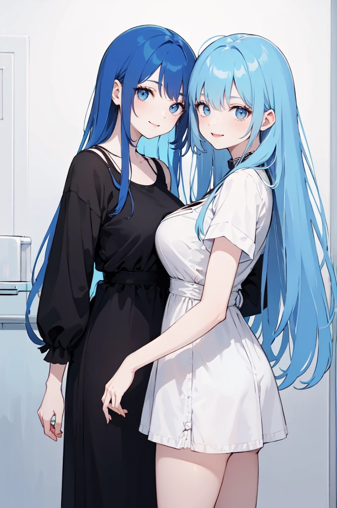 (masterpiece), (best quality), (ultra detailed),(dishevelled hair),(illustration), ((twins sisters, blue hair)(2woman)), long hair, standing, Fashion model ( modern clothes), looking at viewer, (interview), (casual background),beautiful blue eyes, delicate beautiful face, ,(high saturation),(colorful splashes),(shining), blue hair (shining), bangs, best lighting, best shadow. smiling. big breast.  (sister love)