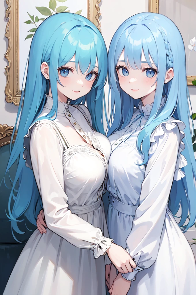 (masterpiece), (best quality), (ultra detailed),(dishevelled hair),(illustration), ((twins sisters, blue hair)(2woman)), long hair, standing, Fashion model ( modern clothes), looking at viewer, (interview), (casual background),beautiful blue eyes, delicate beautiful face, ,(high saturation),(colorful splashes),(shining), blue hair (shining), bangs, best lighting, best shadow. smiling. big breast.  (sister love)