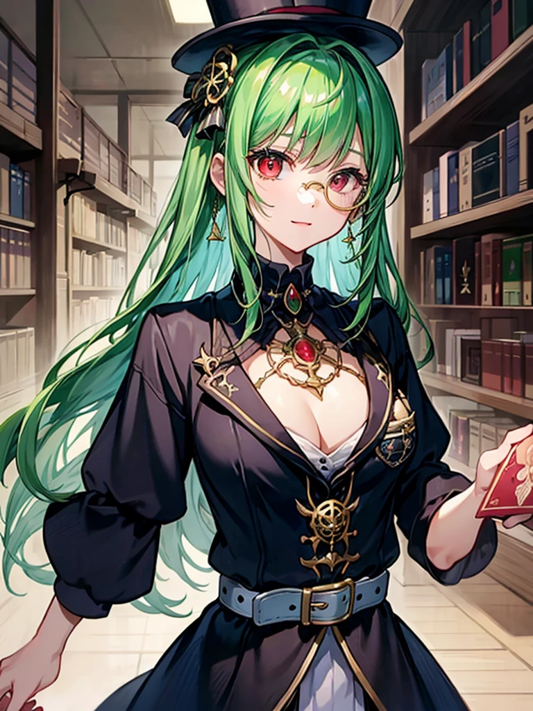 （（（masterpiece、Highest image quality、highest quality、highly detailed unity 8ｋwallpaper）））、（（Illustration of one girl、upper body））、（（（beautiful girl）））、（librarian）、（Emerald green hair、messy hair、sidelocks：1.2、red eyes、crazy smile）、（（（flat chest）））、（（（monocle）））、pocket watch、（（（Black top hat、Black tuxedo、belt）））、great medieval library、Large amount of books