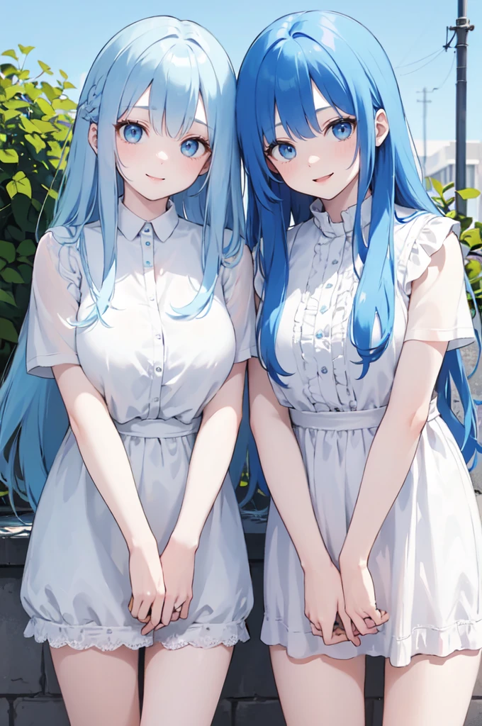 (masterpiece), (best quality), (ultra detailed),(dishevelled hair),(illustration), ((twins sisters, blue hair)(2woman)), long hair, standing, Fashion model ( modern clothes), looking at viewer, (interview), (casual background),beautiful blue eyes, delicate beautiful face, ,(high saturation),(colorful splashes),(shining), blue hair (shining), bangs, best lighting, best shadow. smiling. big breast.  (sister love)