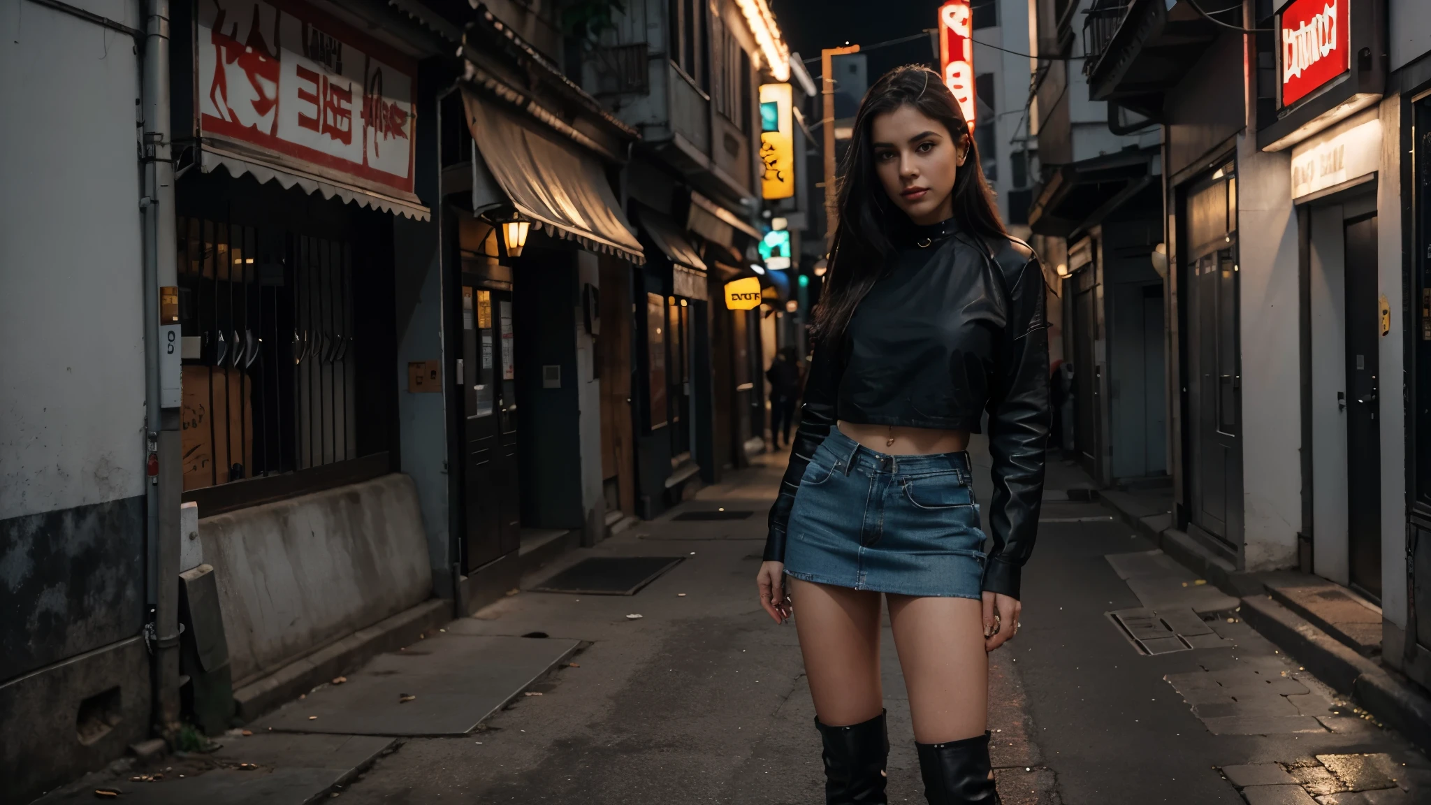 Garota loira de 19 anos, standing, ereta, standing on her feet, standingn, nua, nsfw, muito bonita, athletic, cabelos loiros, olhos azuis, red-lips, franja, usando short denim skirt, saia muito curta, pernas grossas, pernas bonitas, cintura estreita, abdome exposto, NSFW, botas de coxa de couro preto, saia denim curta, denim mini-skirt, mini-saia, saia curta azul, cinto de couro preto, seios pequenos, mamilos rosados, porcelain skin, The girl is wearing a black leather choker, the girl is wearing black leather boots, botas de coxa de couro preto, The girl is standing on a street in a cyberpunk city, cidade cyberpunk futurista, estilo blade runner, cena noturna, luzes da cidade,