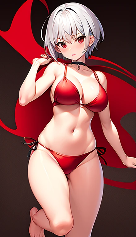 red bikini、big breasts、(((masterpiece)))、(highest quality)、anatomically correct、(highest quality:1.3), big breasts, cleavage, shiny skin、silver hair、soft skin、short hair、anime girl、bare arms、barefoot、choker、hoodie、Put your arms together、chest to chest、short haired