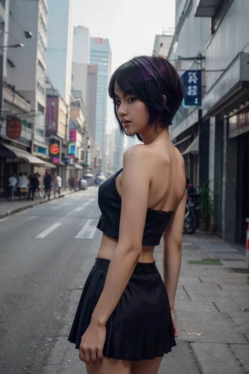 Full body, standing, behind shoot, (RAW photo, highest quality), (realistic, photorealistic) Fei Liang 25 year old Asian girl, beautilul and very detailed face, thin and sexy body, punk haircut, short hair, hair above the shoulder, loose hair. black hair with a purple streak, from behind, looking at the camera,wearing a black pleated miniskirt, and opaque synthetic fabric, short sleeveless blouse color blue (shows navel), cyberpunk style Asian city, daylight and tall buildings