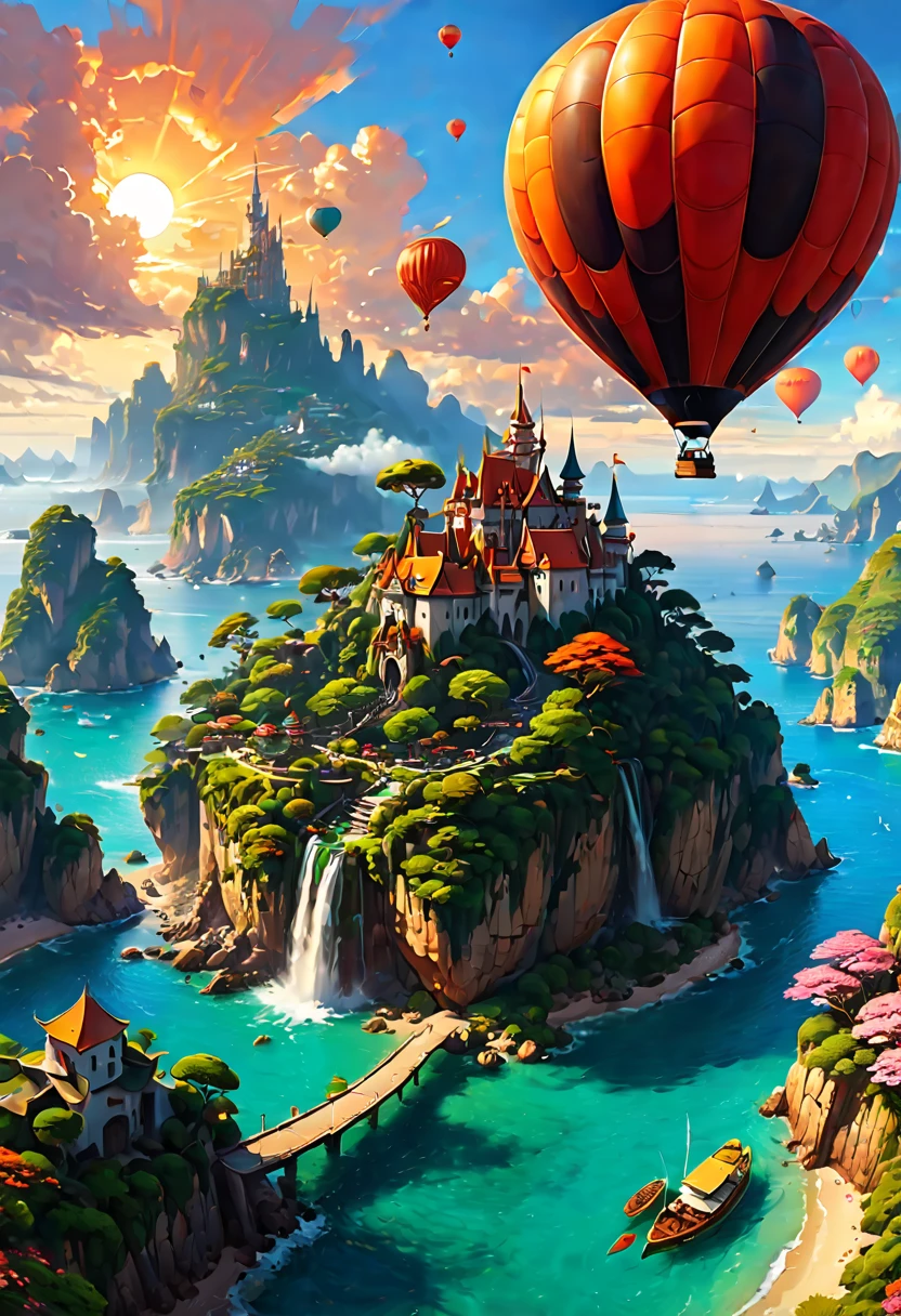 wonderland旅行目的地，梦幻wonderland，Charming holiday paradise，wonderland，fantasy land，Travel vacation，heavenly island，stunning sunset、（fantasy art、The art of math） , concept art, Trending on artstation, The art of Greg Rutkowski, The art of artgerm,art by rossdraws,The art of Krenz Cushart，（best quality，8k，high resolution，masterpiece，Super detailed，1.4x more realism),