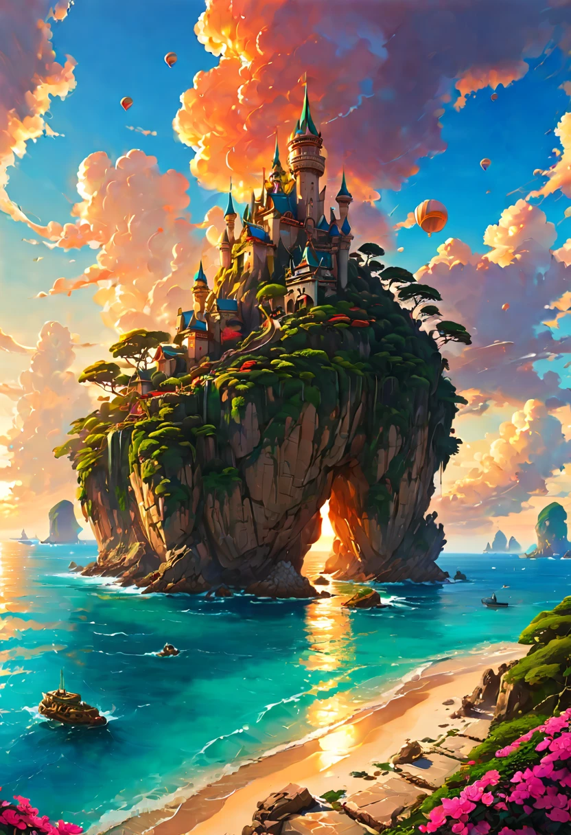 wonderland旅行目的地，梦幻wonderland，Charming holiday paradise，wonderland，fantasy land，Travel vacation，heavenly island，stunning sunset、（fantasy art、The art of math） , concept art, Trending on artstation, The art of Greg Rutkowski, The art of artgerm,art by rossdraws,The art of Krenz Cushart，（best quality，8k，high resolution，masterpiece，Super detailed，1.4x more realism),