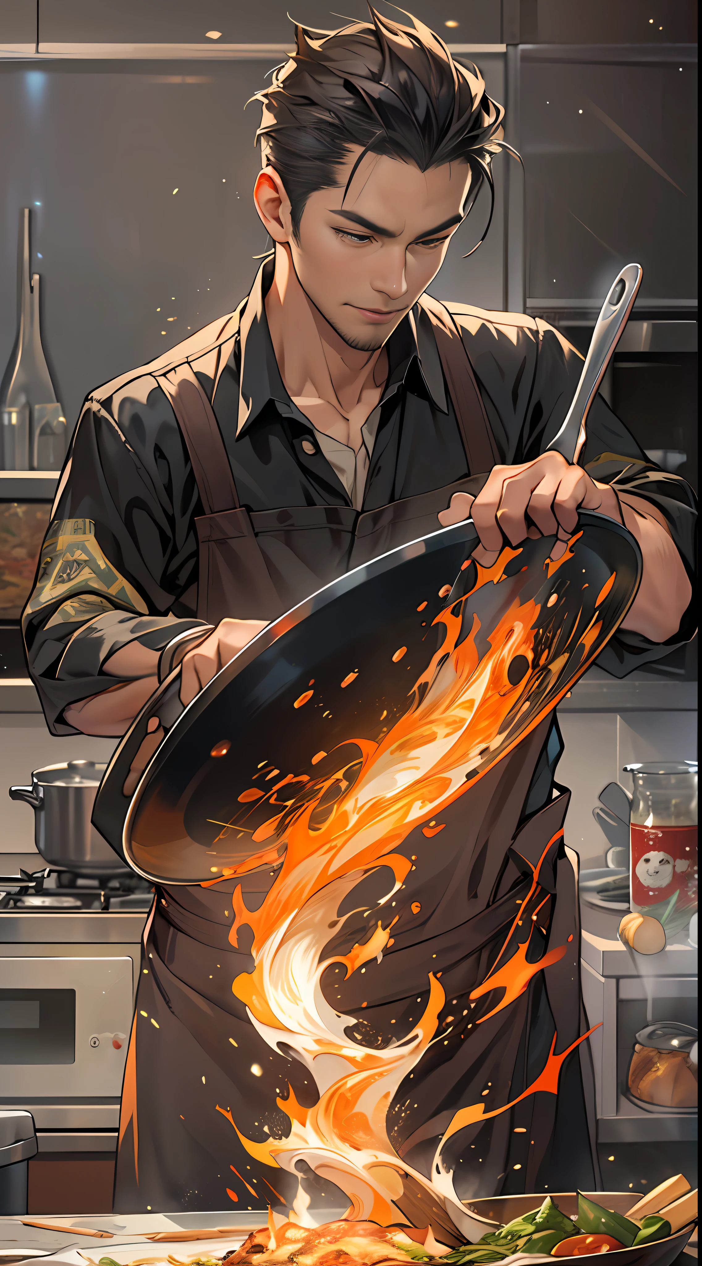 a character is cooking on a huge fire, in the style of the stars art group xing xing, realistic portrait, handsome, gongbi, romantic academia, happenings, pastoral charm , 32k, best quality, masterpiece, super detail, high details