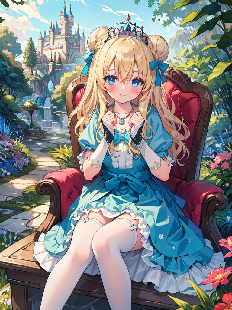 photo realistic, (masterpiece,best quality:1.4),(8k,raw photo,photo realistic:1.2), detailed skin, detailed face,1girl, Princess, cute face, ,  Not Safe for Work, (raw photo, photo realistic: 1.2), 
((single hair bun)), length hair, blue eyes, (blonde hair), light smile, shiny wavy hair, (ballgown), diadems, Princess doress, the bow, shortsleeves, the bow hair, a smile, red blush, Doress, Hair Between Eyes, White Panties Hose, ((Blue the Bow)), A Throne, Puffy Sleeves, Bangss, (tiara), (necklace), (bridal gauntlets), foot out of frame, frilld, : q, masterpiece, top-quality, not safe for work, , 14-yo, braided bangs,
yumekawa,yumekawaii,pastel color,(wonderland garden:1.3),rainbow waterfall,dripping ink,imagination,(Castle:1.4),

