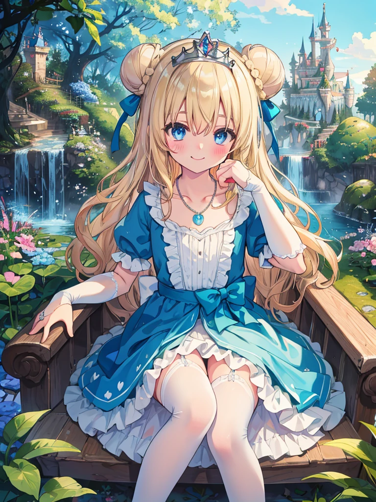 photo realistic, (masterpiece,best quality:1.4),(8k,raw photo,photo realistic:1.2), detailed skin, detailed face,1girl, Princess, cute face, , Not Safe for Work, (raw photo, photo realistic: 1.2),
((single hair bun)), length hair, blue eyes, (blonde hair), light smile, shiny wavy hair, (ballgown), diadems, Princess doress, the bow, shortsleeves, the bow hair, a smile, red blush, Doress, Hair Between Eyes, White Panties Hose, ((Blue the Bow)), A Throne, Puffy Sleeves, Bangss, (tiara), (necklace), (bridal gauntlets), foot out of frame, frilld, : q, masterpiece, top-quality, not safe for work, , 14-yo, braided bangs,
yumekawa,yumekawaii,pastel color,(wonderland garden:1.3),rainbow waterfall,dripping ink,imagination,(Castle:1.4),