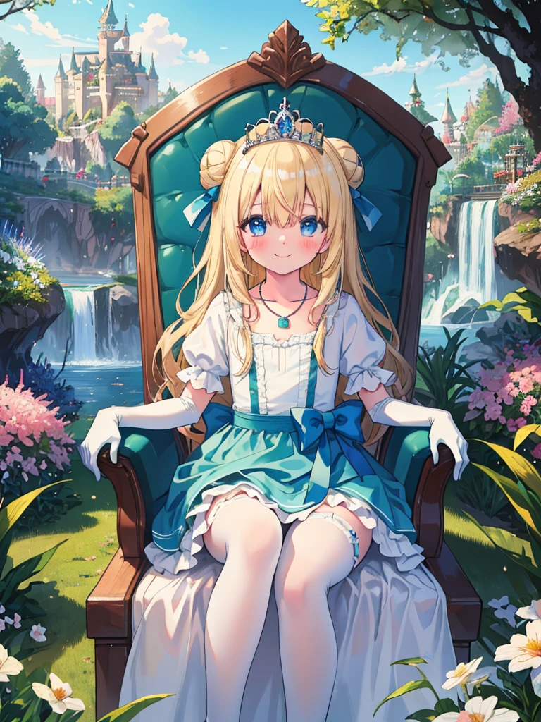 photo realistic, (masterpiece,best quality:1.4),(8k,raw photo,photo realistic:1.2), detailed skin, detailed face,1girl, Princess, cute face, ,  Not Safe for Work, (raw photo, photo realistic: 1.2), 
((single hair bun)), length hair, blue eyes, (blonde hair), light smile, shiny wavy hair, (ballgown), diadems, Princess doress, the bow, shortsleeves, the bow hair, a smile, red blush, Doress, Hair Between Eyes, White Panties Hose, ((Blue the Bow)), A Throne, Puffy Sleeves, Bangss, (tiara), (necklace), (bridal gauntlets), foot out of frame, frilld, : q, masterpiece, top-quality, not safe for work, , 14-yo, braided bangs,
yumekawa,yumekawaii,pastel color,(wonderland garden:1.3),rainbow waterfall,dripping ink,imagination,(Castle:1.4),

