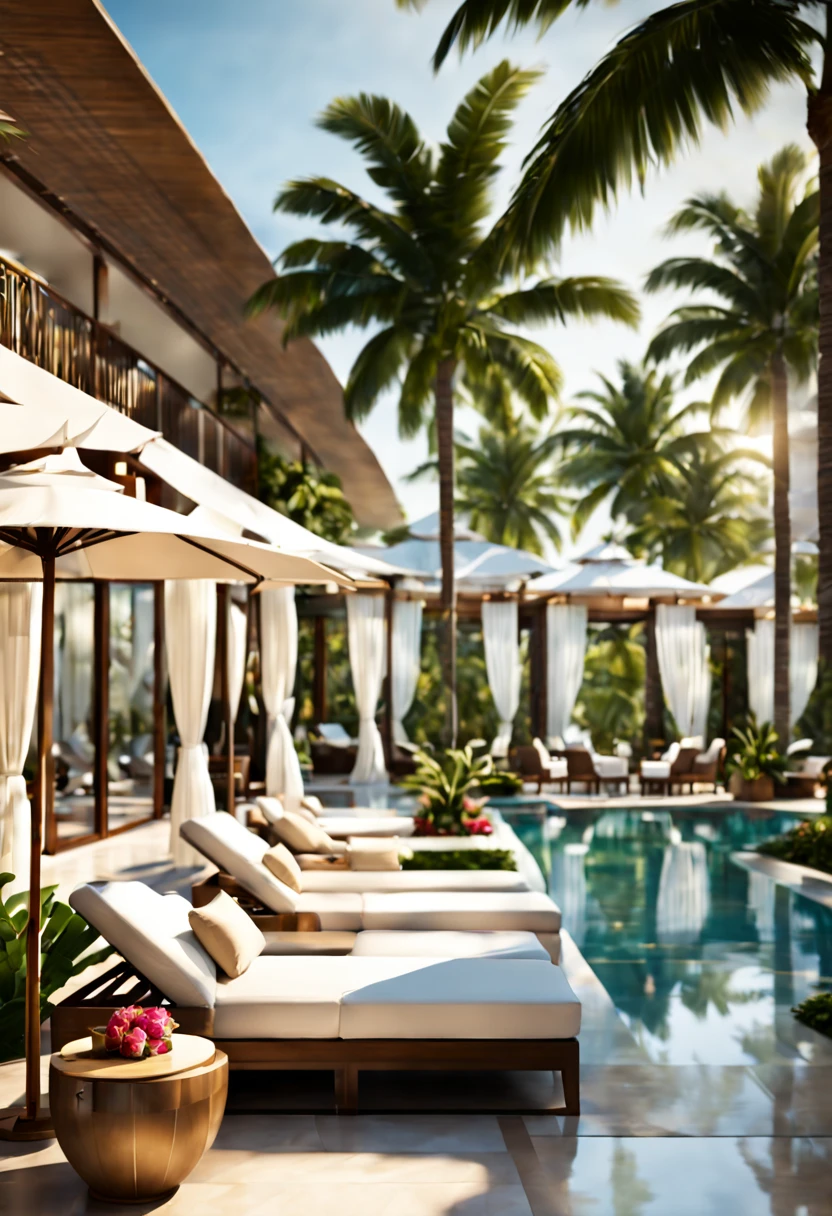 (best quality,highres:1.2),ultra-detailed,realistic,photorealistic:1.37,a luxurious poolside lounge area at a 5-star resort,white cabanas,sun umbrellas,lounge chairs,a sparkling pool,palm trees,tropical flowers,relaxation,luxury,oasis,insert a radiant sunset,crystal clear water,gently swaying palm trees,a gentle breeze,carefully placed decorative items,reflective tiles around the pool,inviting lounge chairs facing the pool,soft cushions and plush seating,delicate white curtains adorning the cabanas,refreshing drinks and tropical fruits,serene atmosphere,secluded and private,impeccable attention to detail,meticulously manicured greenery,unobtrusive lighting that adds a warm glow,a sense of tranquility and indulgence.