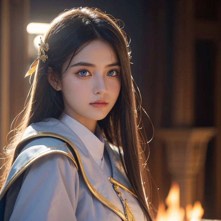 masterpiece, best quality, Super detailed, illustration,1 girl from the western region, looking at the audience, best quality,depth of field,(Keep your mouth shut,faint smile,blue eyes:1.1),Beautiful and detailed light , Zoroastrian priest costume:flame