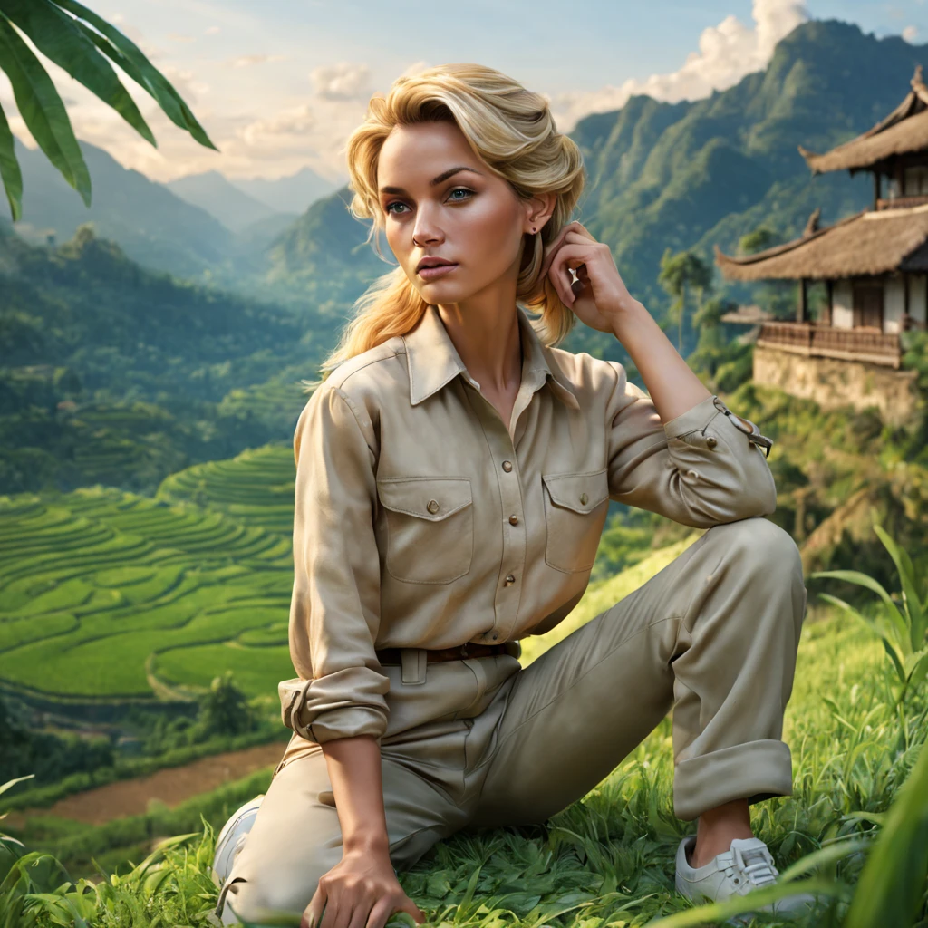 A Beautiful woman, Golden Haired. Short ponnytailed. Wears beige Flannel Shirt, trousers, Nike Senakers. At an exotic southeast asian terraced rice fields. Sit on grass Gazing at Mountain range and woods at background, insanely detailed and intricate background nature scene with some other characters and objects, a masterpiece cinematic photo realistic illustration of Color Comic Maestro Don Lawrence, super detailed, high resolution, full vibrant color, volumetric lighting, octane render