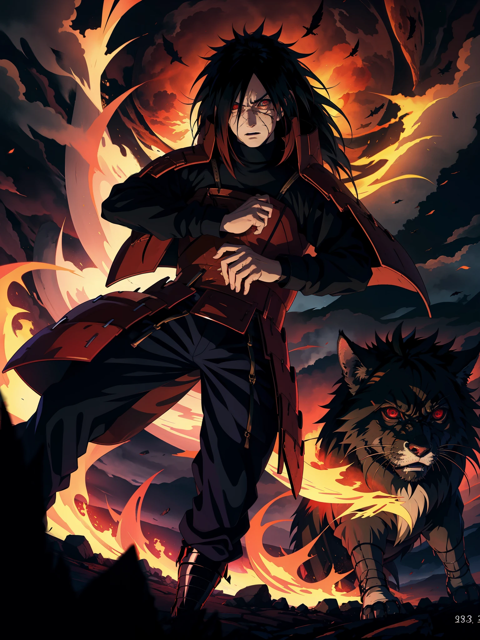 1male, Uchiha Madara, wearing a coat pant, best quality, ultra-detailed, realistic:1.37, HDR, portrait, dark shadows, intense gaze, Sharingan eyes, long, flowing hair, powerful stance, bold brushstrokes, vibrant colors, dramatic lighting, ancient warrior, fierce expression, background of flames, billowing smoke, ominous atmosphere.