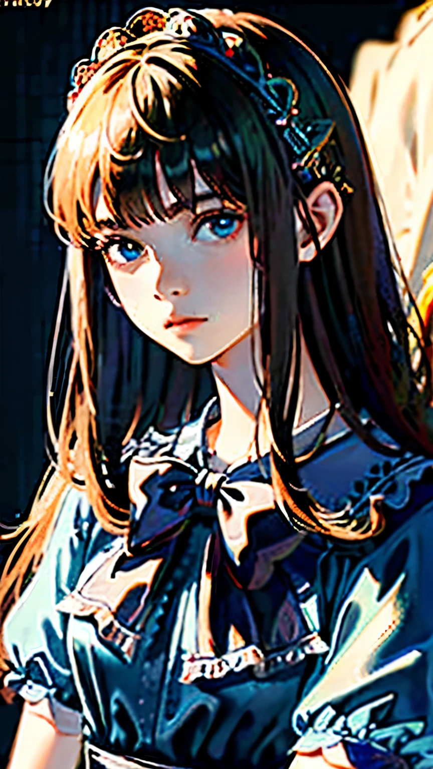 1 girl, masterpiece, highest quality, 8K, fine skin texture, fine cloth texture, beautiful detailed face, intricate details, Super detailed, alice in wonderland, (Bow on her head:1.1), Upper body