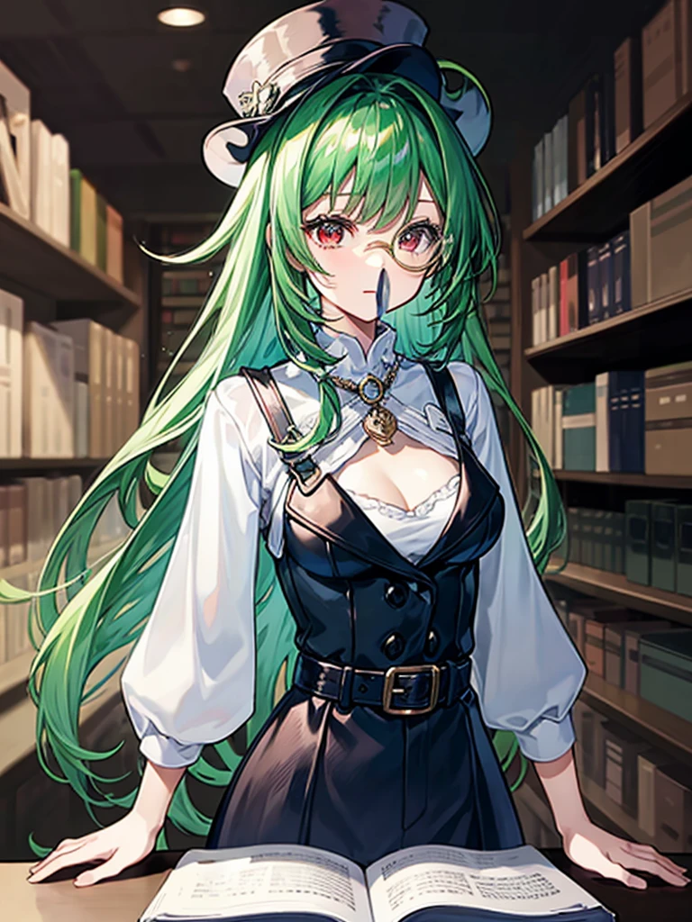 (((masterpiece、Highest image quality、highest quality、highly detailed unity 8kwallpaper)))、((Illustration of one girl、upper body))、(((beautiful girl)))、(librarian)、(Emerald green hair、messy hair、sidelocks:1.2、red eyes、crazy smile)、(((flat chest)))、(((monocle)))、pocket watch、(((Black top hat、Black tuxedo、belt)))、great medieval library、Large amount of books