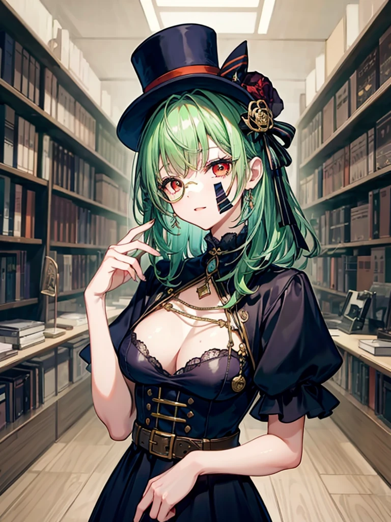 (((masterpiece、Highest image quality、highest quality、highly detailed unity 8kwallpaper)))、((Illustration of one girl、upper body))、(((beautiful girl)))、(librarian)、(Emerald green hair、messy hair、sidelocks:1.2、red eyes、crazy smile)、(((flat chest)))、(((monocle)))、pocket watch、(((Black top hat、Black tuxedo、belt)))、great medieval library、Large amount of books
