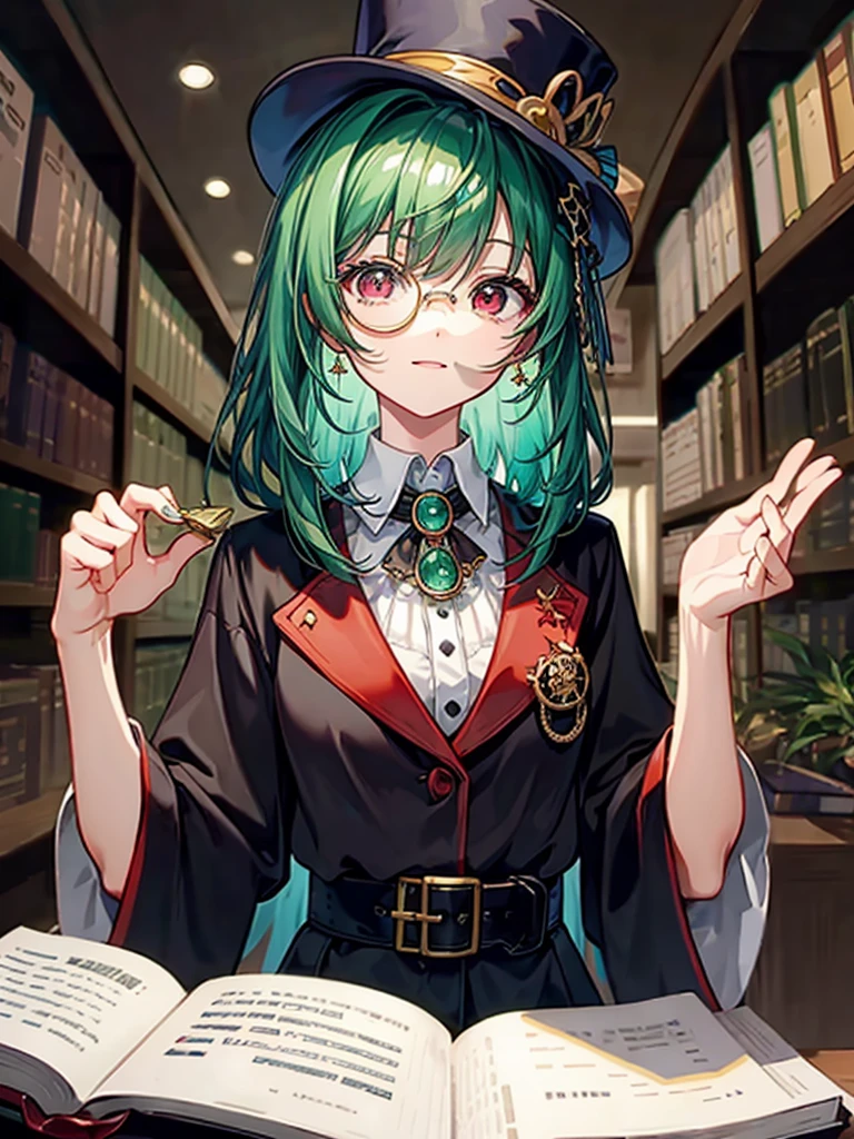 （（（masterpiece、Highest image quality、highest quality、highly detailed unity 8ｋwallpaper）））、（（Illustration of one girl、upper body））、（（（beautiful girl）））、（librarian）、（Emerald green hair、messy hair、sidelocks：1.2、red eyes、crazy smile）、（（（flat chest）））、（（（monocle）））、pocket watch、（（（Black top hat、Black tuxedo、belt）））、great medieval library、Large amount of books