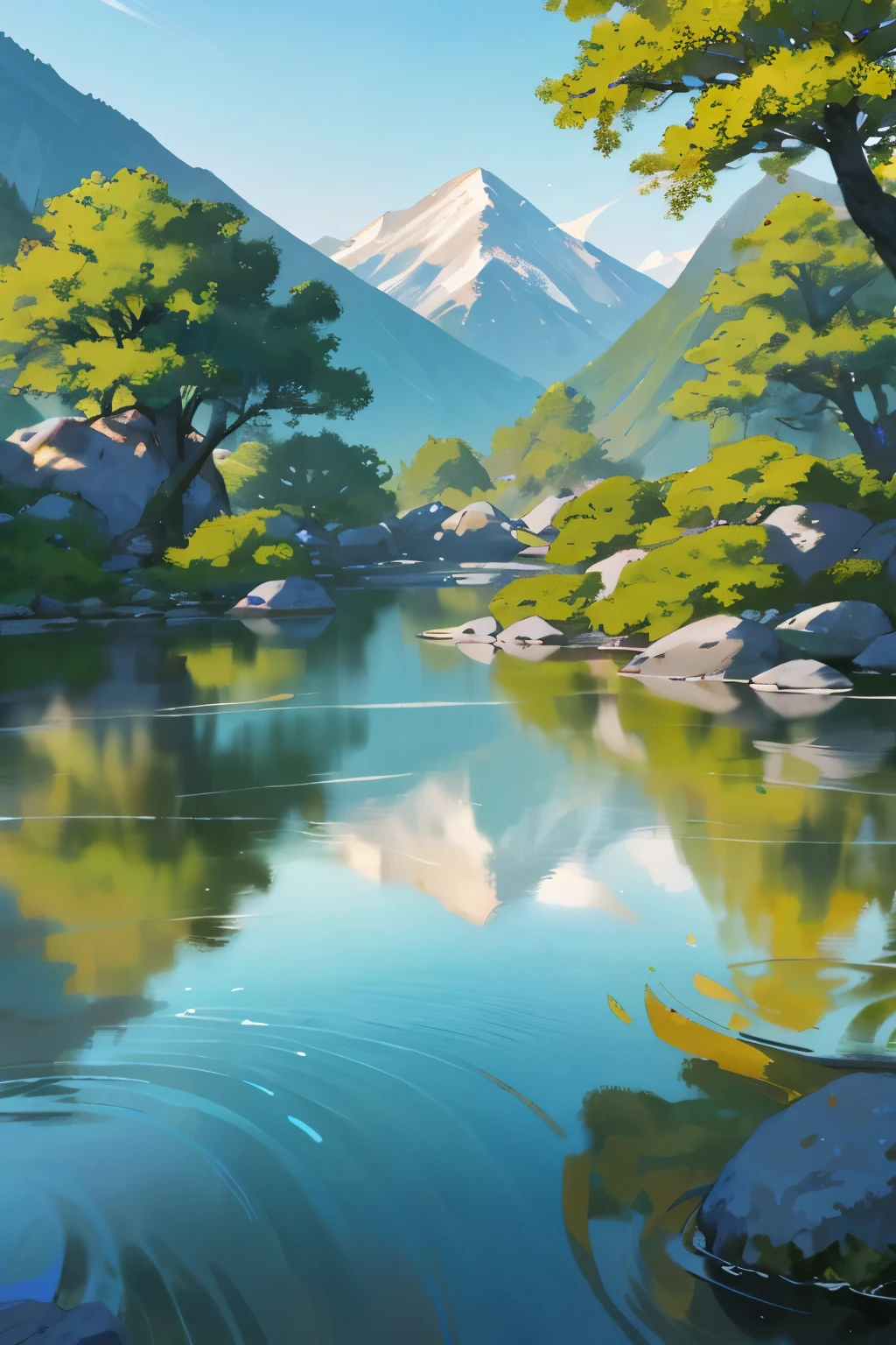 Chinese Painting: A tranquil scene of serene mountains, their peaks touched by the gentle caress of the sky. The mountains' grandeur is mirrored in the shimmering waters below, which meander around boulders and pebbles, their surface alive with the playful dance of sunlight and ripples. Delicate trees dot the landscape, their leaves swaying softly in the breeze, casting dappled patterns on the water. The entire scene is captured in the intricate brushstrokes of a masterful Chinese painter, evoking a sense of peace and harmony.