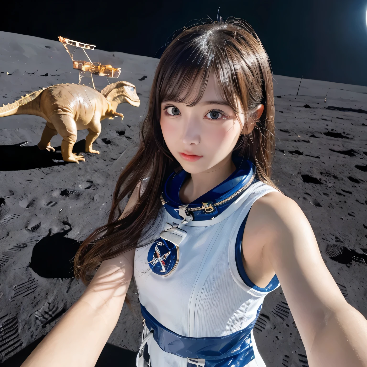 (Girl taking selfie on the moon:1.5) ,(landing on the moon:1.2),( Dinosaurs in the distance:1.5),original photography,(ultimate beauty portrait、dry skin 、top quality、Super detailed、movie light、intricate details、high resolution、Very detailed、1 girl、huge breasts,cold expression、brown hair、Big eyes sparkling like gems、Harajuku、24 year old beautiful girl),space suit