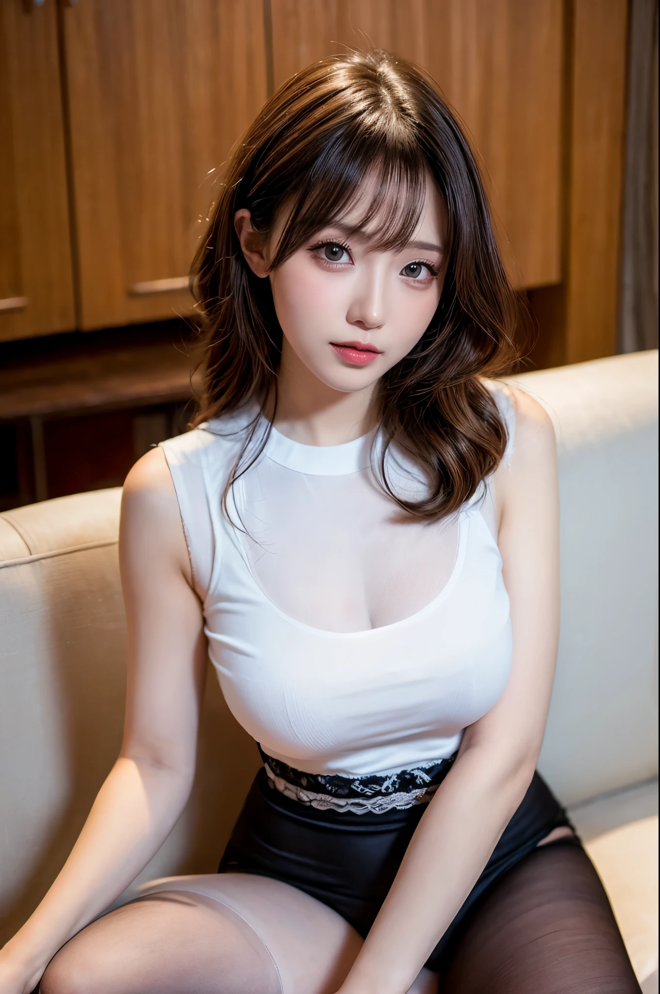 ulzzang-6500-v1.1, (RAW photo:1.2), (realistic), beautiful detailed girl, (genuine: 1.4), 1 female, Luxury hostess、Wearing gorgeous party dresses、curly hair、curly hair、Make-up、woman、 super realistic pantyhose:1.4, Serving customers while sitting on the sofa, huge file size, High resolution, very detailed, highest quality, [masterpiece:1.6], enlightenment, very detailed, finely, highest quality, 8k wallpaper, movie lighting, 1 girl, 26 years old, perfect body shape, cute droopy eyes、beautiful big eyes、highest quality, 1 girl, eye shadow, (full body shot:1.1)、
