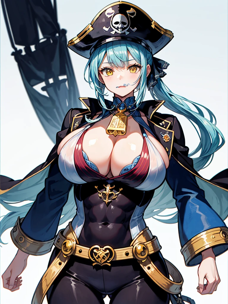 (((masterpiece、Highest image quality、highest quality、highly detailed unity 8kwallpaper)))、((Illustration of one girl、upper body))、(((beautiful girl)))、(female pirate)、(Light light blue hair、short ponytail:1.2、yellow eyes)、((tall))、(((muscle girl, muscle, bulky figure, massive frame, thick neck, sturdy arms, powerful legs)))、(captain's suit、Pirate hat、Blue coat)、Pirate ship deck