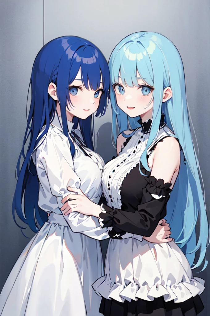 (masterpiece), (best quality), (ultra detailed),(dishevelled hair),(illustration), ((twins sisters, blue hair)(2woman)), long hair, standing, Fashion model (punk clothes), looking at each other, (interview), (casual background),beautiful blue eyes, delicate beautiful face, ,(high saturation),(colorful splashes),(shining), blue hair (shining), bangs, best lighting, best shadow. smiling. big breast. (sister love) (sister kissing)