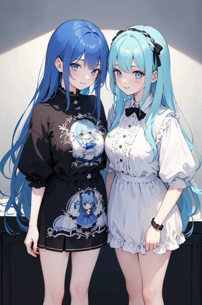 (masterpiece), (best quality), (ultra detailed),(dishevelled hair),(illustration), ((twins sisters, blue hair)(2woman)), long hair, standing, Fashion model (punk clothes), looking at each other, (interview), (casual background),beautiful blue eyes, delicate beautiful face, ,(high saturation),(colorful splashes),(shining), blue hair (shining), bangs, best lighting, best shadow. smiling. big breast. (sister love) (sister kissing)