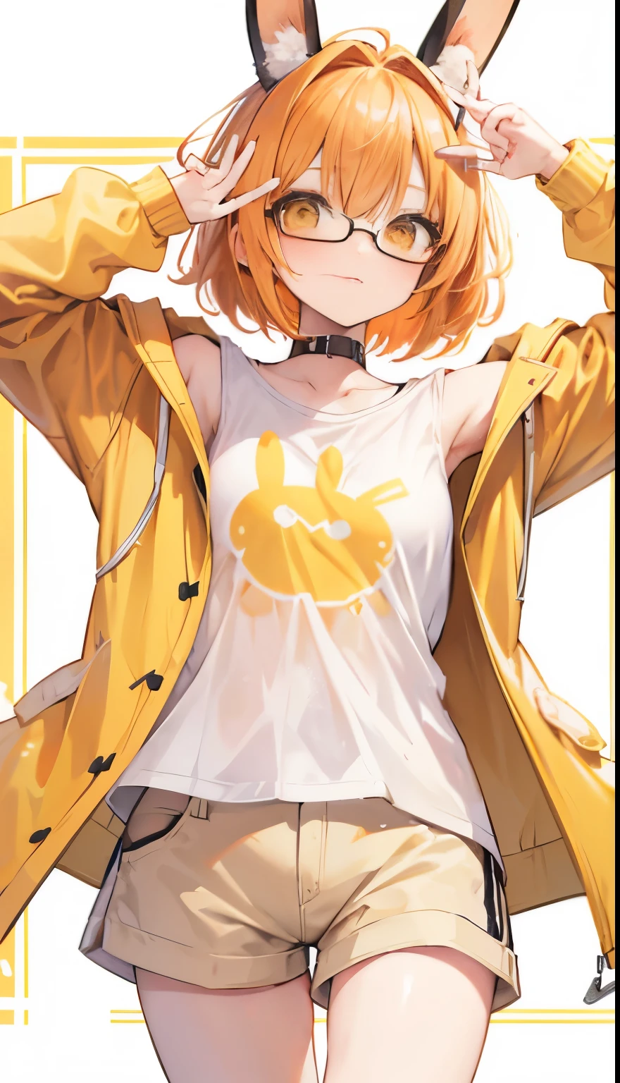 Cute bunny girl,chibi, with short light orange hair, with yellow eyes,, in round glasses, in short beige shorts, wearing a white t shirt, with a beige raincoat, cute muzzle
