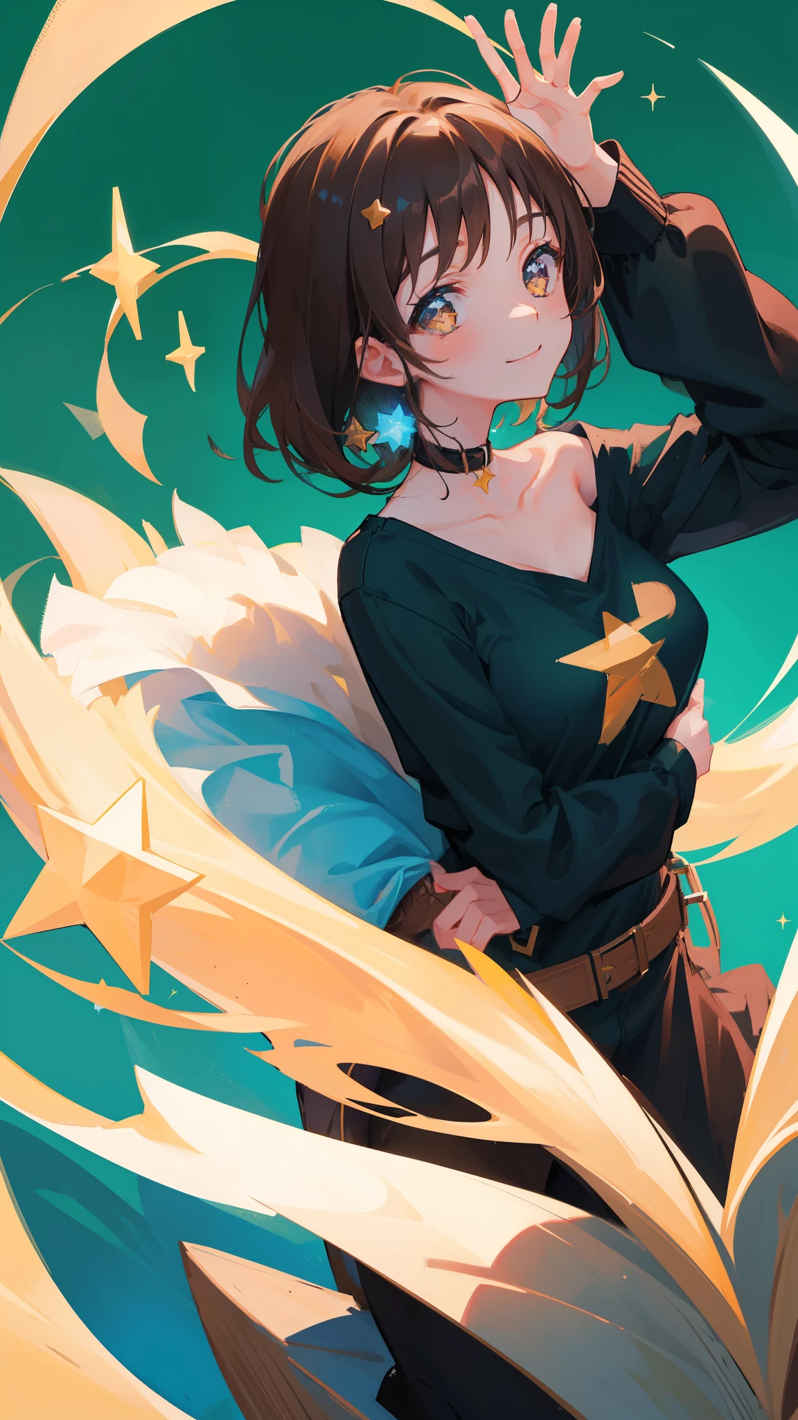 star_(symbol), rating:safe, 1girl, brown_hair, solo, brown_eyes, breasts, collarbone, smile, looking_at_viewer, medium_breasts, long_sleeves, leaning_forward, blue_shirt, green_background, sparkle, character_name