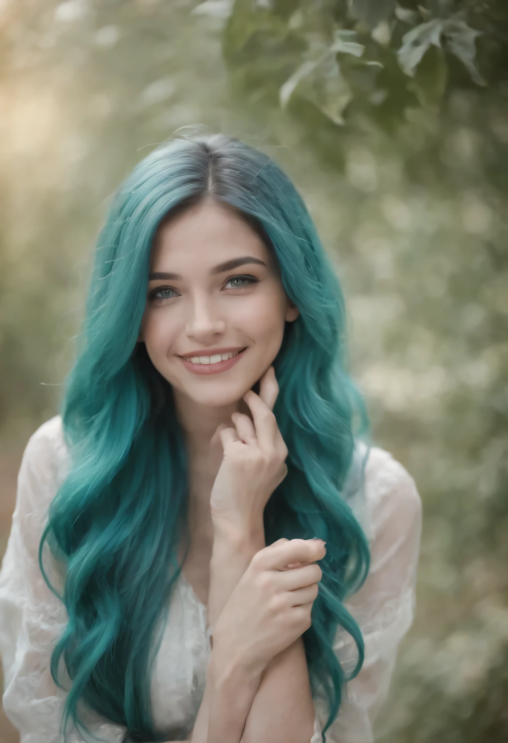 1girl, turquoise hair, turquoise eyes, long hair, smiling,