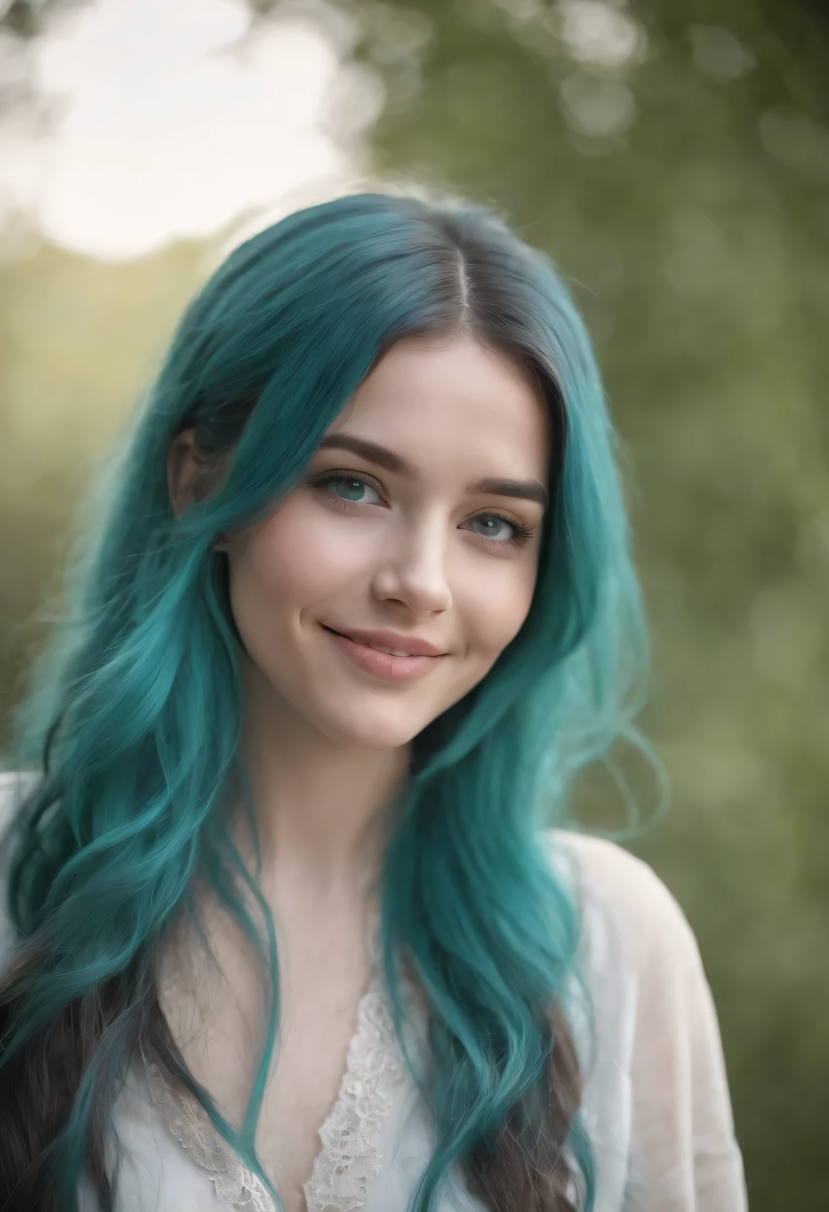 1girl, turquoise hair, turquoise eyes, long hair, smiling,