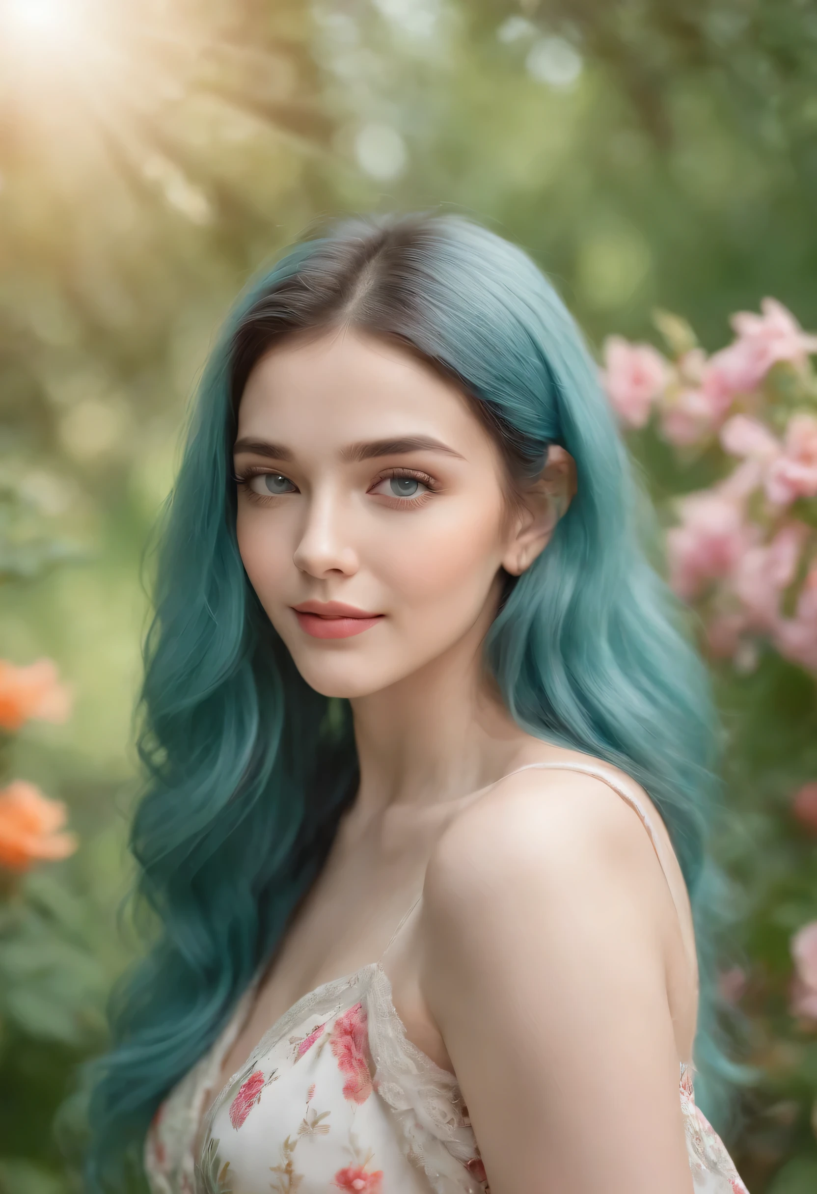 beautiful detailed eyes, beautiful detailed lips, wearing a floral dress, standing in a blooming garden, surrounded by vibrant flowers and lush greenery, enjoying a gentle breeze, sunlight illuminating her face, with a serene expression, capturing a sense of pure joy and tranquility, in a painting-like style, with vivid colors and soft brushstrokes, creating a dreamy and ethereal atmosphere. (best quality, 4k, highres, ultra-detailed), (realistic:1.37), HDR, studio lighting, bokeh, pastel color palette, 1girl, turquoise hair, turquoise eyes, long hair, smiling,