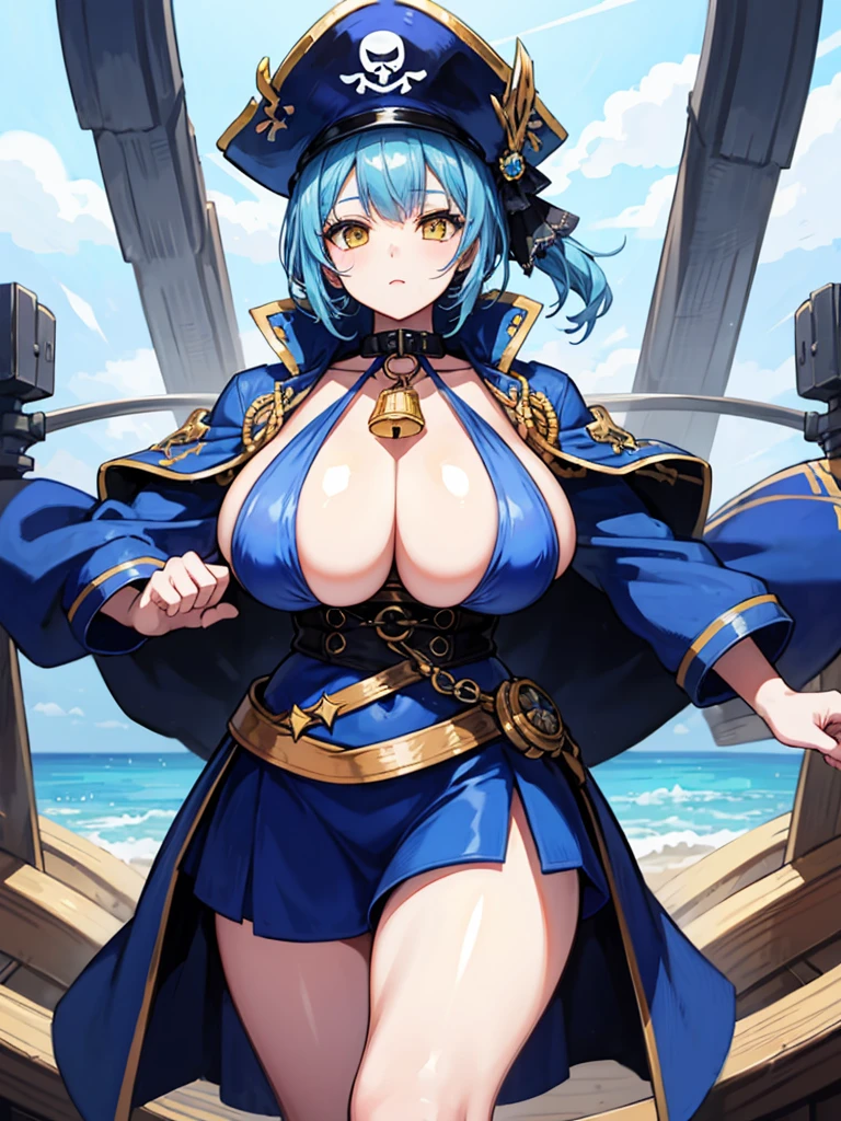 (((masterpiece、Highest image quality、highest quality、highly detailed unity 8kwallpaper)))、((Illustration of one girl、upper body))、(((beautiful girl)))、(female pirate)、(Light light blue hair、short ponytail:1.2、yellow eyes)、((tall))、(((muscle girl, muscle, bulky figure, massive frame, thick neck, sturdy arms, powerful legs)))、(captain's suit、Pirate hat、Blue coat)、Pirate ship deck