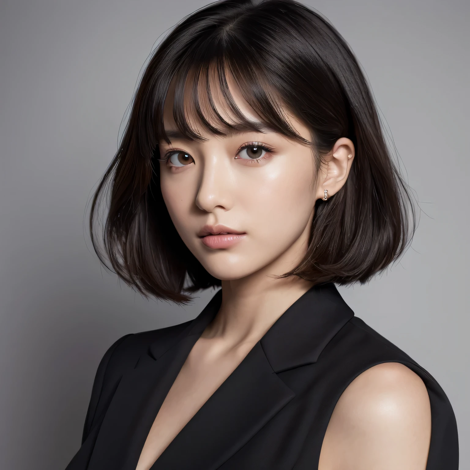 (formal suit),facing forward,(a woman wearing a black suit),(solo woman),The entire upper body is shown,white background,(layered haircut:1.2))、short wavy hair、8K、(Live shooting)、(highest quality)、(フォトrealistic:1.4)Reality to the touch Reality、(4Khigh resolution:1.2)、(high resolution, muste piece, highest qualityの, high detail, official: 1.4), (Reality: 1.2, ハイパーrealistic: 1.1, フォトrealisticです: 1.37), Depth of bounds written, (detailed description of hair), (Detailed description of the face), unparalleled beauty,, (35 years old,: 1.4)