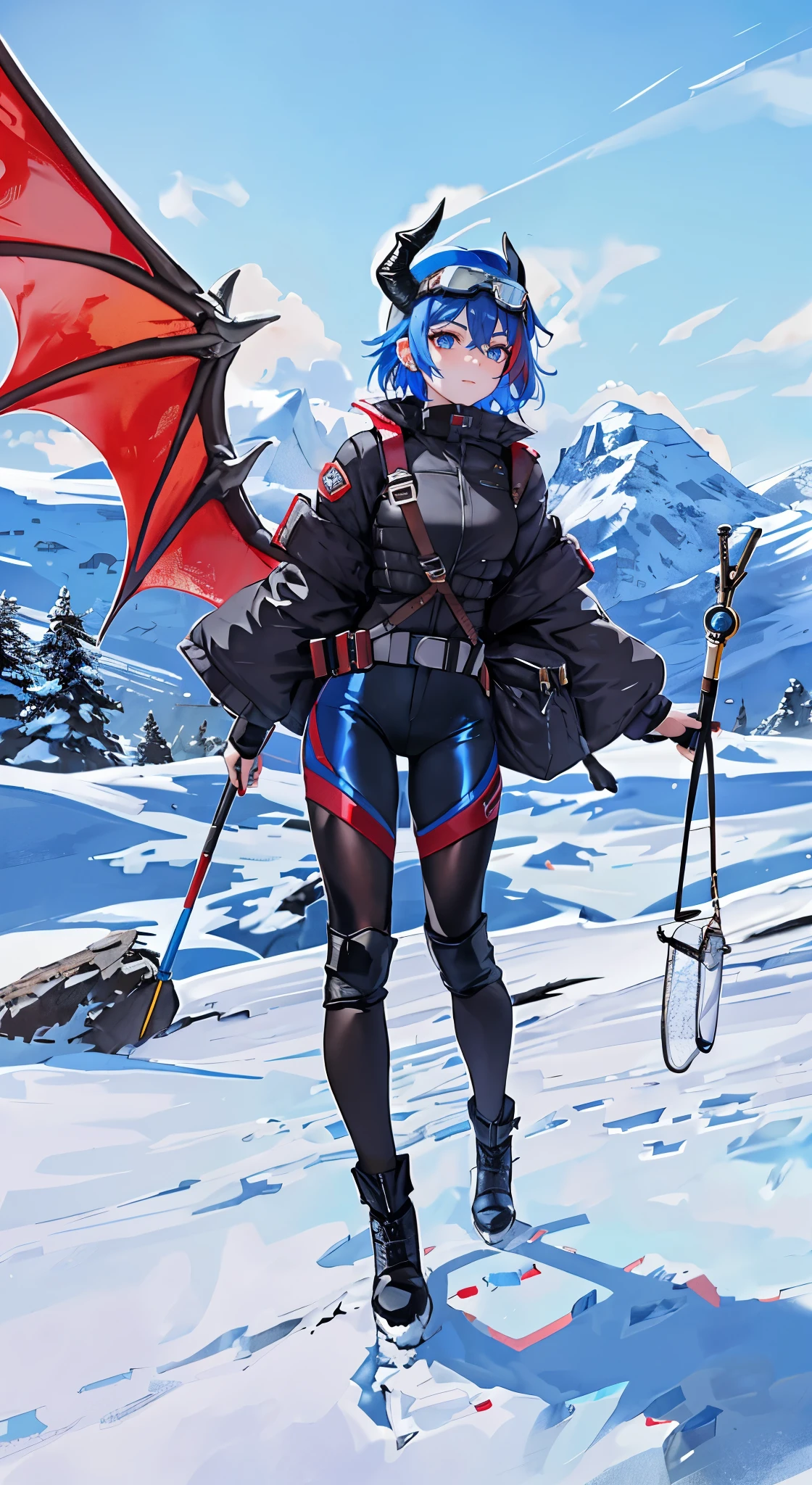 (Ultra-short hair with blue and red highlights),(goggles on her head)close up,dream world,Dragon royal sister,dragon lady,Red and blue short hair,Black tight pants,beautiful eyes,snow mountain tundra,polar bay,earrings,(goggles,Tight protective clothing),humanoid, polar tundra background,Explorer, her skin is white, fair complexion,Black leggings,(adventure tights,black tight pants,A pair of dragon horns and wings),boots,leather boots,