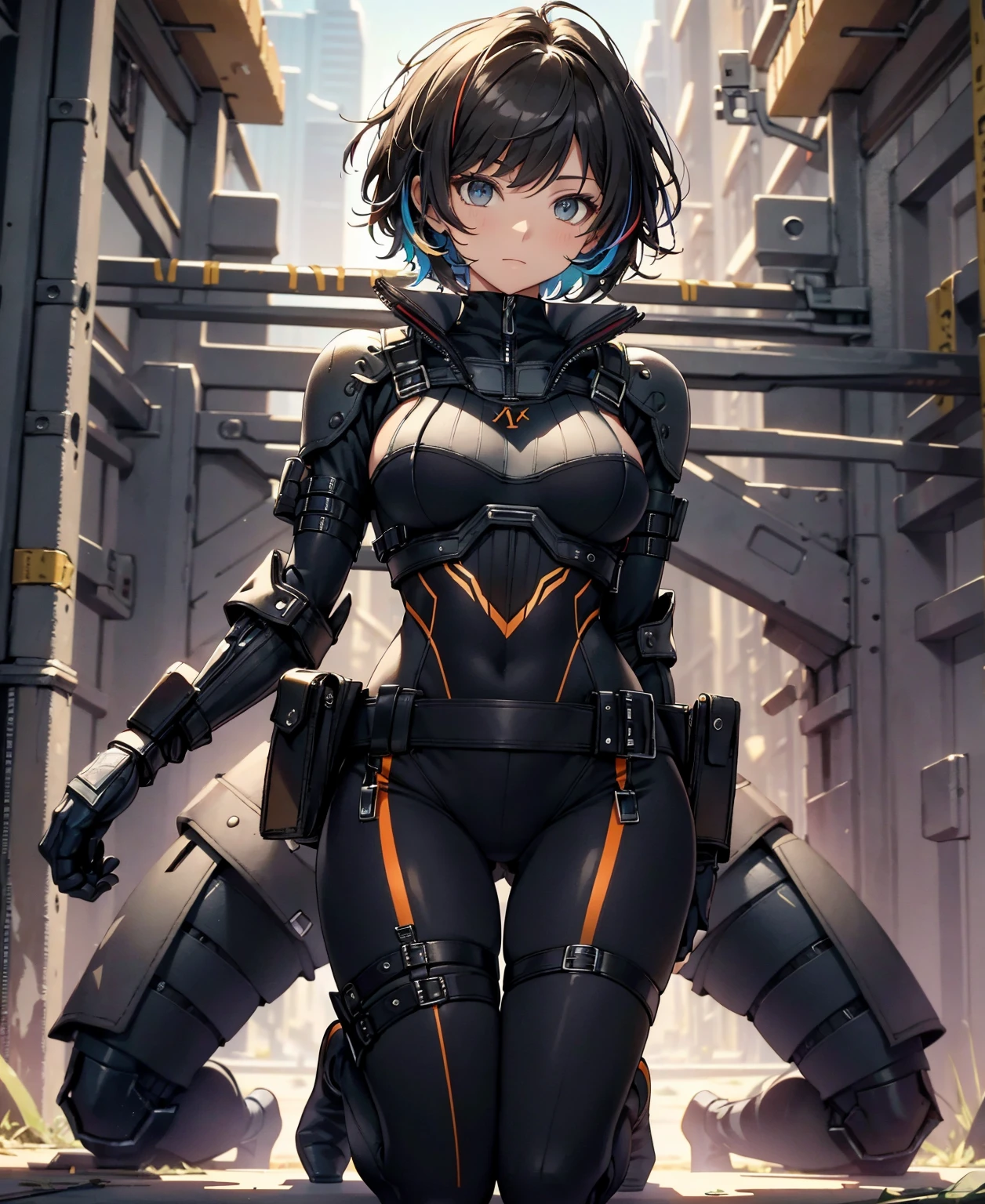 best quality,T Masterpiece,ultimate resolution,fluff,very colorful,colorful,female combatant,(kneeling pose)(pointing at you with his butt)mature woman,Black Super Short Hair,tight combat uniform,tight suit,Steel City Background,night,normal posture,normal posture
