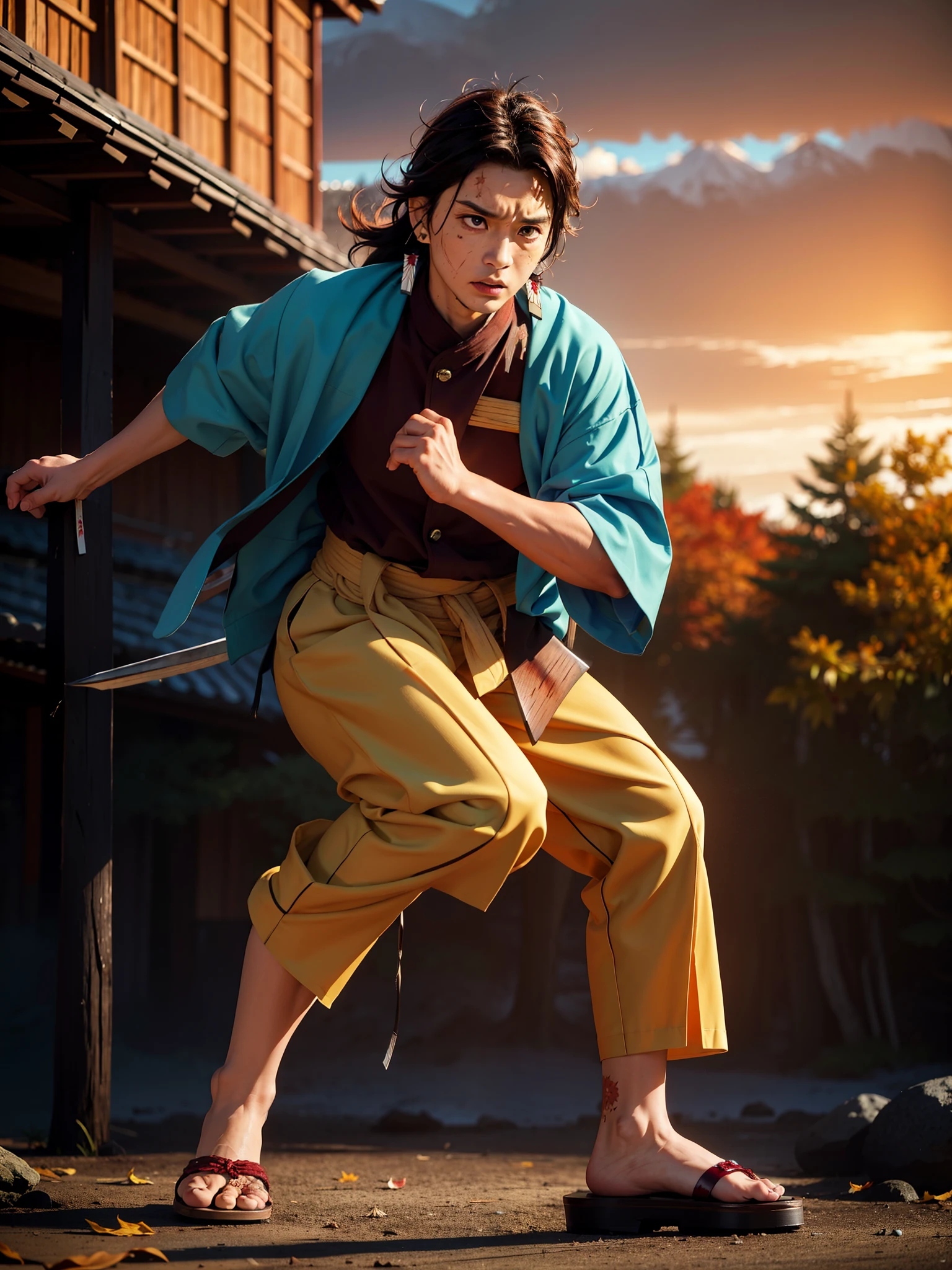 (best quality,4k,8k,highres,masterpiece:1.2),ultra-detailed,(realistic,photorealistic,photo-realistic:1.37),kamado tanjiro,blue coat pant,determined expression,brooding eyes,strong and muscular physique,sharp katana sword,hint of blood splatters,authentic Japanese kimono,Japanese kanji tattoo on his forehead,faint scar across his cheek,traditional wooden sandals,agile and dynamic pose,burning sunrise in the background,colorful autumn leaves falling,subtle mist surrounding him,dynamic and dramatic lighting,emphasizing shadows and highlights