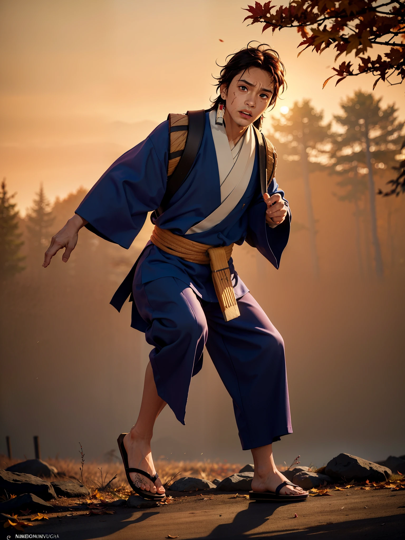 (best quality,4k,8k,highres,masterpiece:1.2),ultra-detailed,(realistic,photorealistic,photo-realistic:1.37),kamado tanjiro,blue coat pant,determined expression,brooding eyes,strong and muscular physique,sharp katana sword,hint of blood splatters,authentic Japanese kimono,Japanese kanji tattoo on his forehead,faint scar across his cheek,traditional wooden sandals,agile and dynamic pose,burning sunrise in the background,colorful autumn leaves falling,subtle mist surrounding him,dynamic and dramatic lighting,emphasizing shadows and highlights