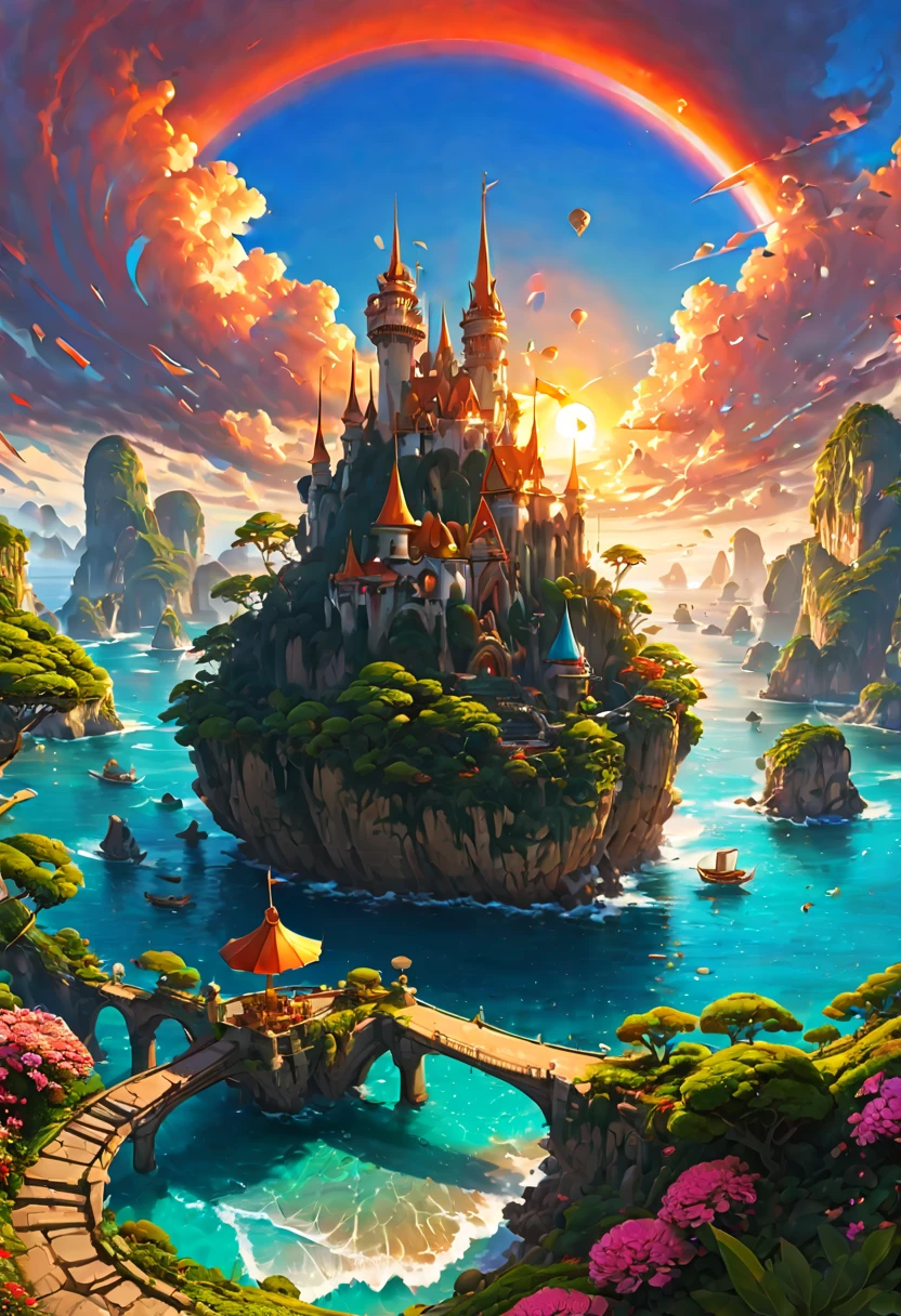 wonderland旅行目的地，梦幻wonderland，Charming holiday paradise，wonderland，fantasy land，Travel vacation，heavenly island，stunning sunset、（fantasy art、The art of math） , concept art, Trending on artstation, The art of Greg Rutkowski, The art of artgerm,art by rossdraws,The art of Krenz Cushart，（best quality，8k，high resolution，masterpiece，Super detailed，1.4x more realism),